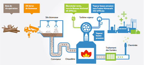 Diagram illustrating biomass recovery process and energy generation system.