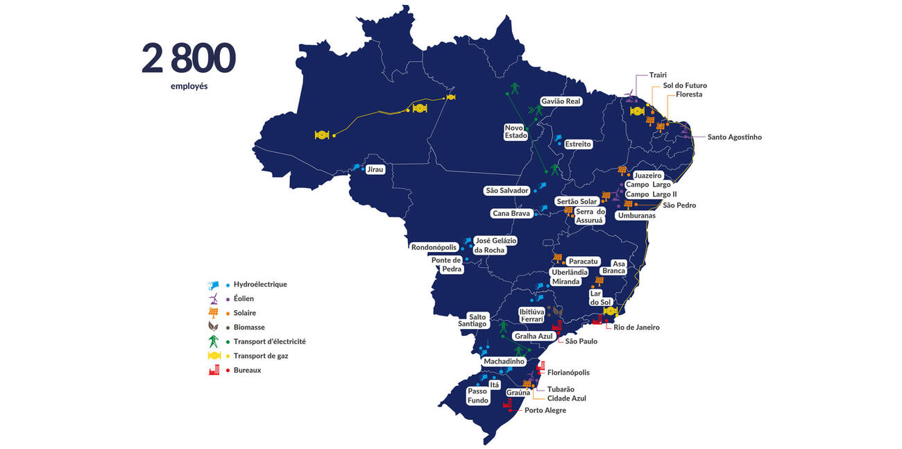 Carte du Brésil montrant les projets d'énergie renouvelable et les emplacements des bureaux.
