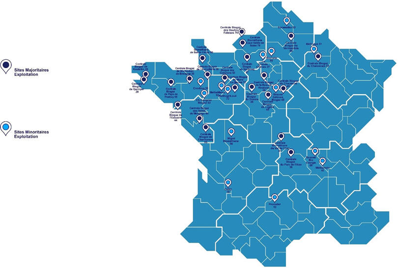 Map showing biomethane production sites across France, highlighting major and minor operational locations.