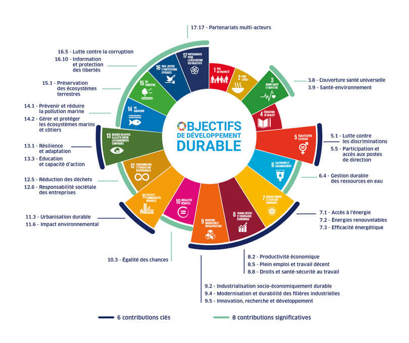 Diagramme des objectifs de développement durable avec des icônes et des titres des objectifs.