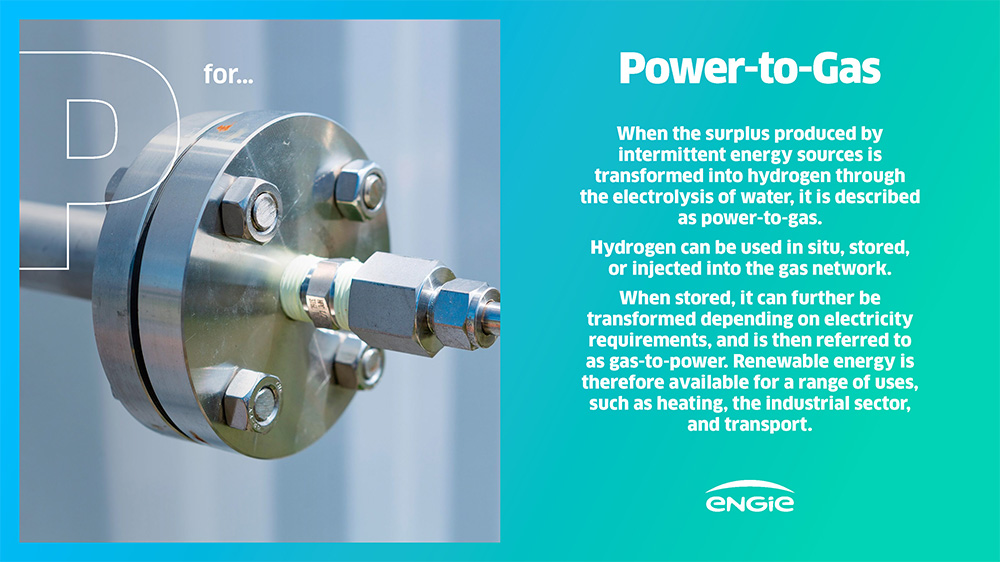 Close-up of a metal flange with bolts for energy systems, featuring the letter 'P' and text on power-to-gas.