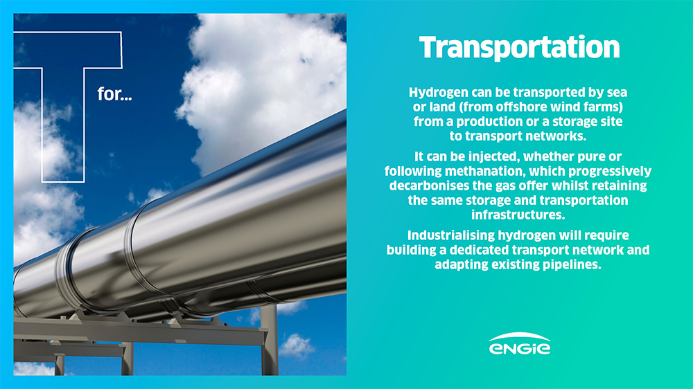 Close-up of a metallic pipeline against a blue sky with clouds, illustrating hydrogen transportation.