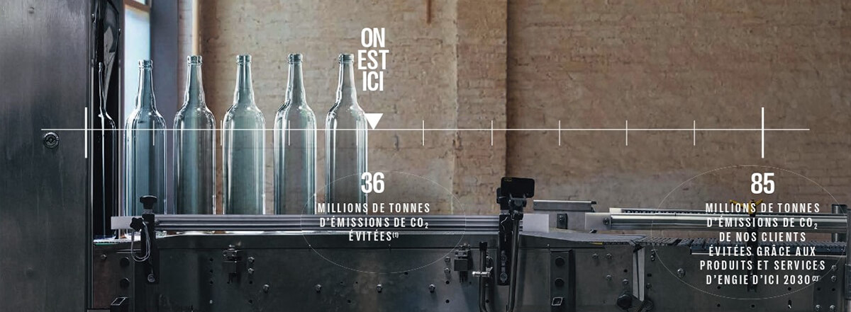 Bouteilles en verre transparent alignées sur une ligne de production dans un environnement industriel.