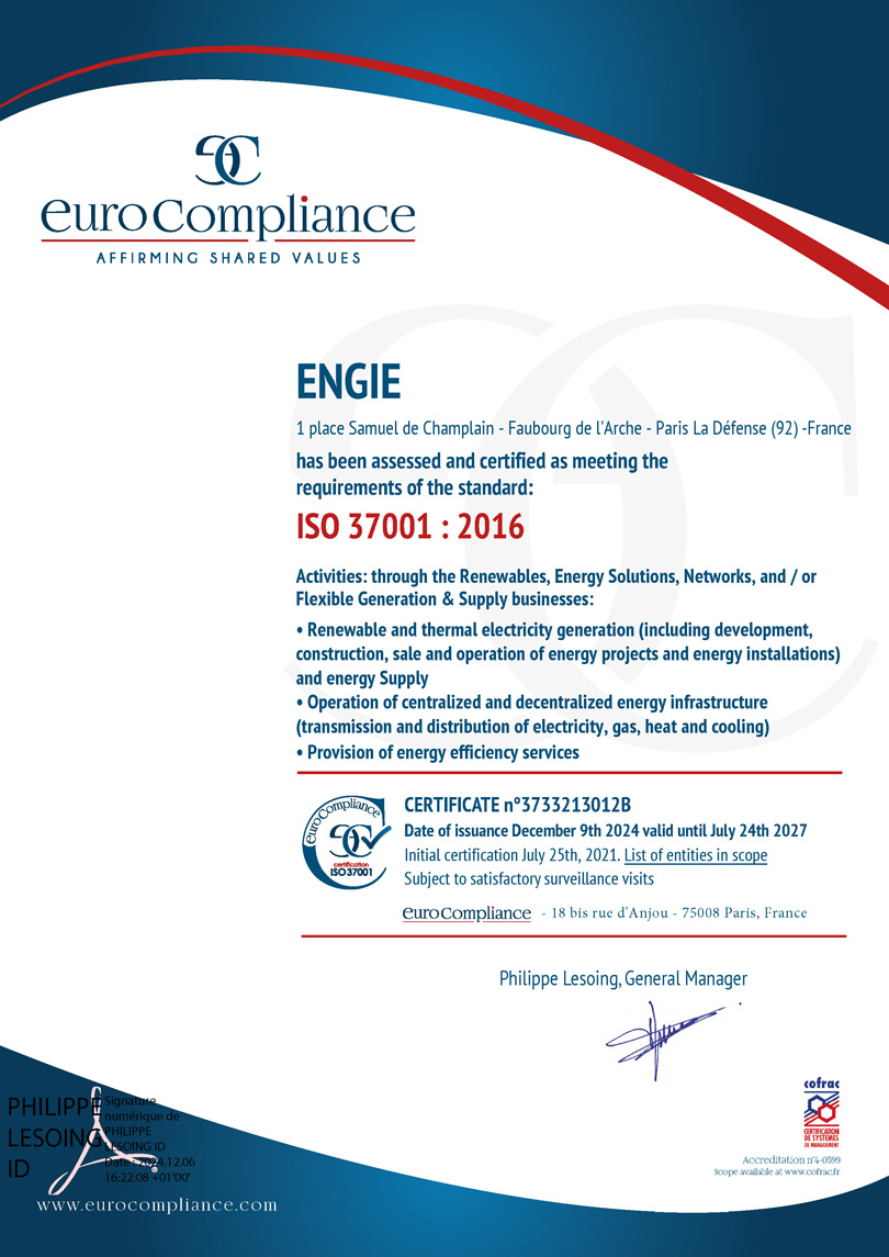 ISO 37001 certification document for ENGIE, featuring logo and details of issuance.
