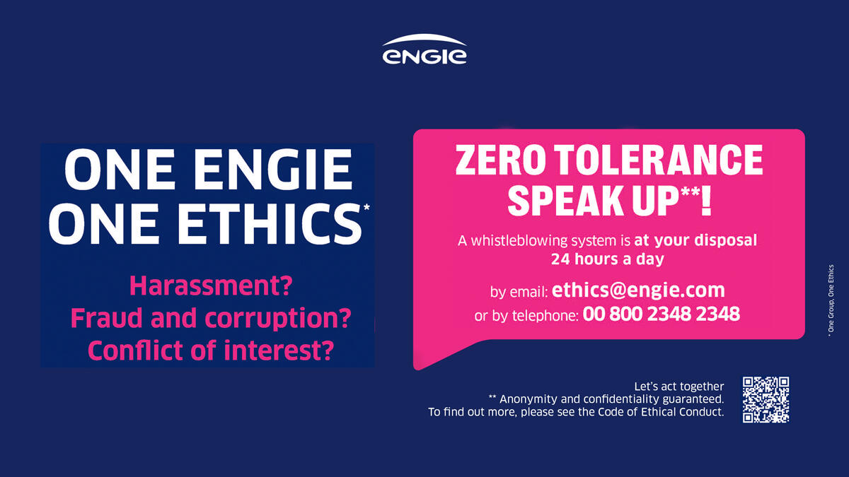 Graphic promoting ethical conduct with contact details for reporting misconduct.