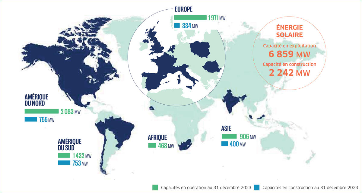 Carte du monde montrant la capacité d'énergie solaire par continent en 2023.