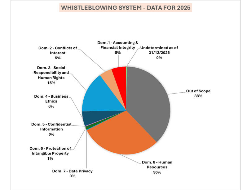 Pie chart depicting data distribution for a whistleblowing system in 2025.