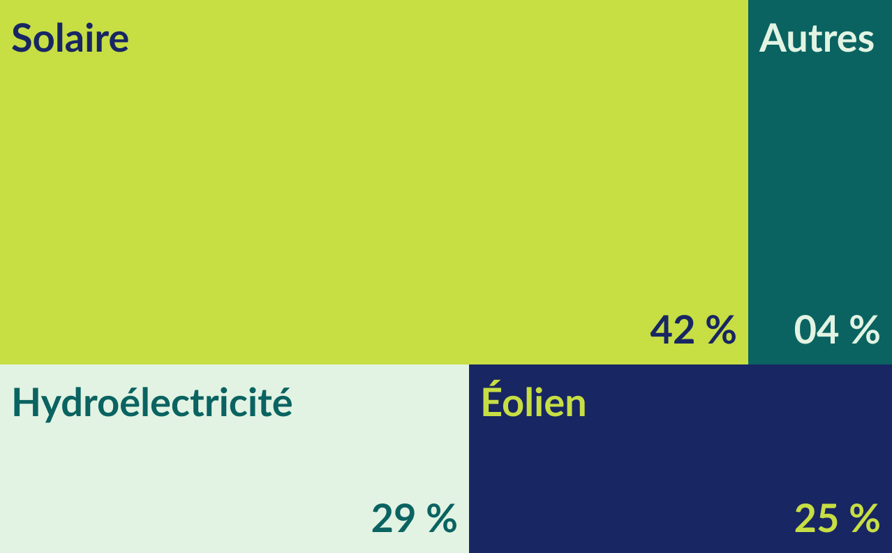 Graphique représentant les sources d'énergie renouvelable : solaire, hydroélectrique, éolien et autres.