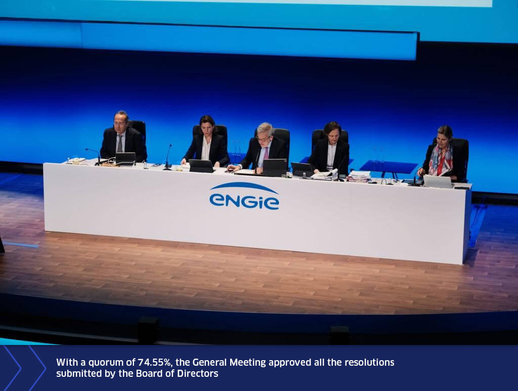 Members of ENGIE’s Board of Directors seated on stage behind a conference table during the General Meeting, with laptops and documents in front of them.