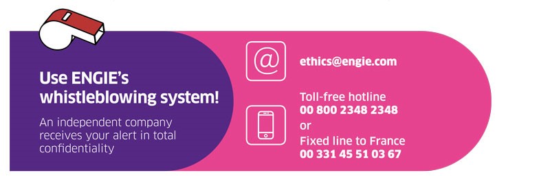 Banner presenting ENGIE’s confidential whistleblowing system with an email address and phone numbers managed by an independent external company.