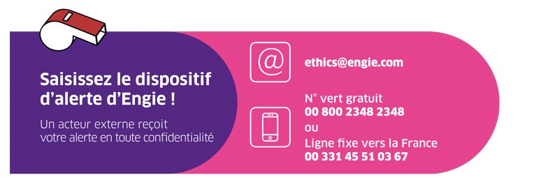 Visuel d’Engie présentant un dispositif d’alerte confidentielle avec une adresse e-mail et deux numéros de téléphone pour signaler une alerte à un acteur externe.