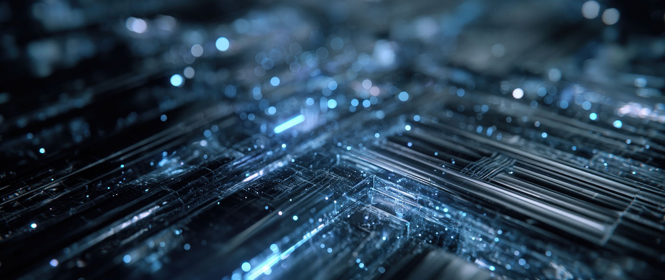 Close-up of abstract blue electric circuits and glowing lights symbolizing decarbonized electricity