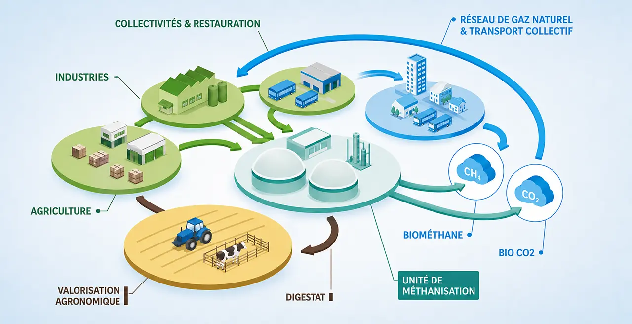 Infographic showing organic waste from agriculture, industry, communities, and catering sent to an anaerobic digestion unit producing biomethane, bio-CO2, and digestate.