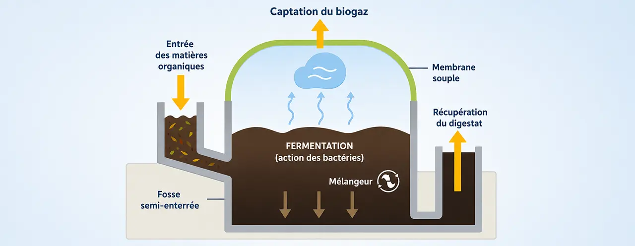 Diagram of a semi-buried digestion pit where organic matter ferments under a flexible membrane, producing biogas and digestate.