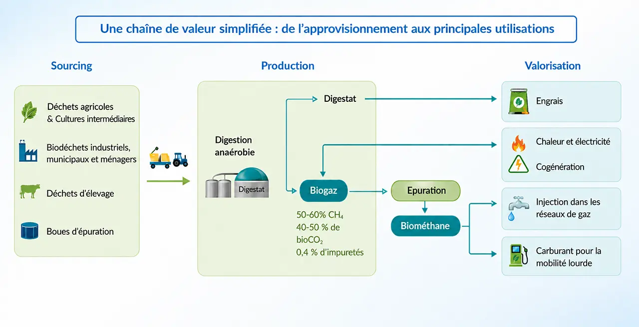 Schéma de la chaîne du biogaz : déchets organiques, digestion anaérobie, production de digestat, biogaz puis biométhane valorisé en énergie, gaz ou carburant.