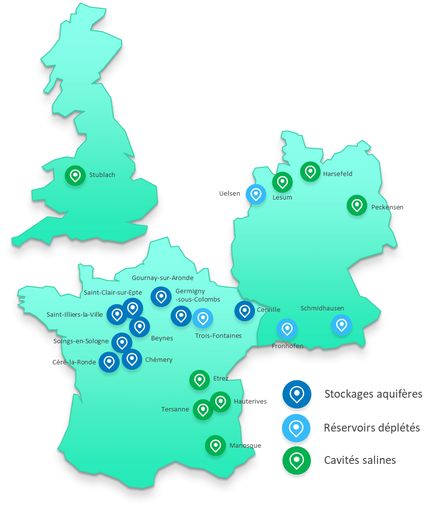 Emplacements des sites de stockage de Storengy en Europe