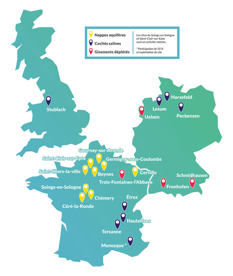 Emplacements des sites de stockage de Storengy en Europe